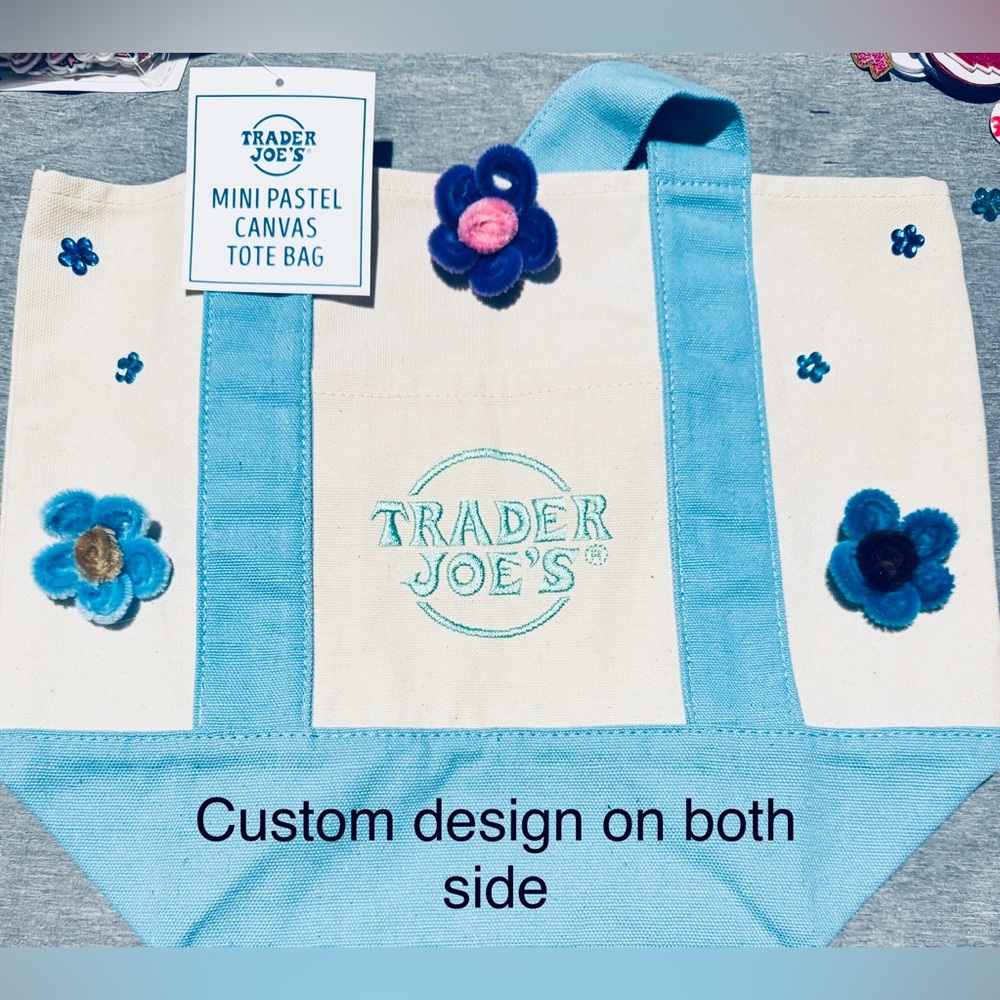 Trader Joe's Mini Pastel Canvas Tote Bag - Cream & Light Blue